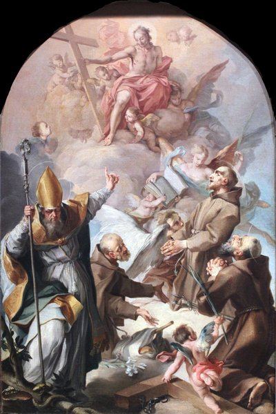Drei Kapuzinerheilige und ein Bischof beten Christus und das Kreuz an von Unbekannt Unbekannt